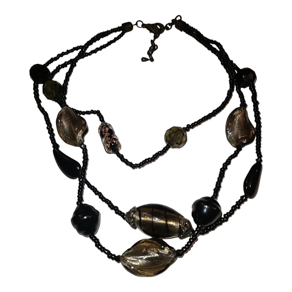 Black & Gold Tone Lampwork Art Glass Bead Multi-strand‎ Necklace 13"-16"